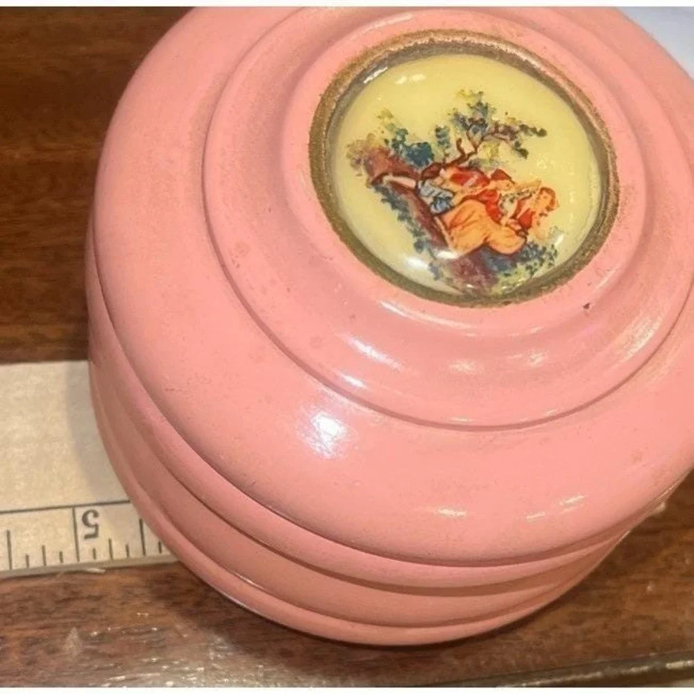 VTG Pink Musical Trinket Box Boudoir Vanity Courting Couple Japan Wind Up Decor